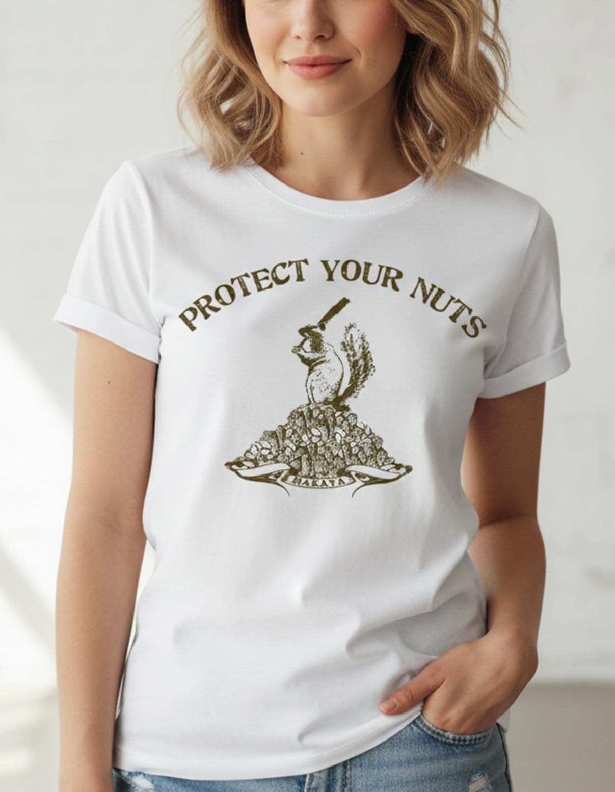 MAKAYA Protect Your Nuts T-Shirt Donna Bianca Cotone Taglia L
