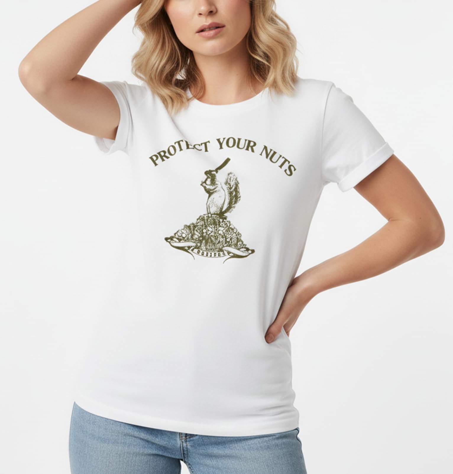 MAKAYA Protect Your Nuts T-Shirt Donna Bianca Cotone Taglia L