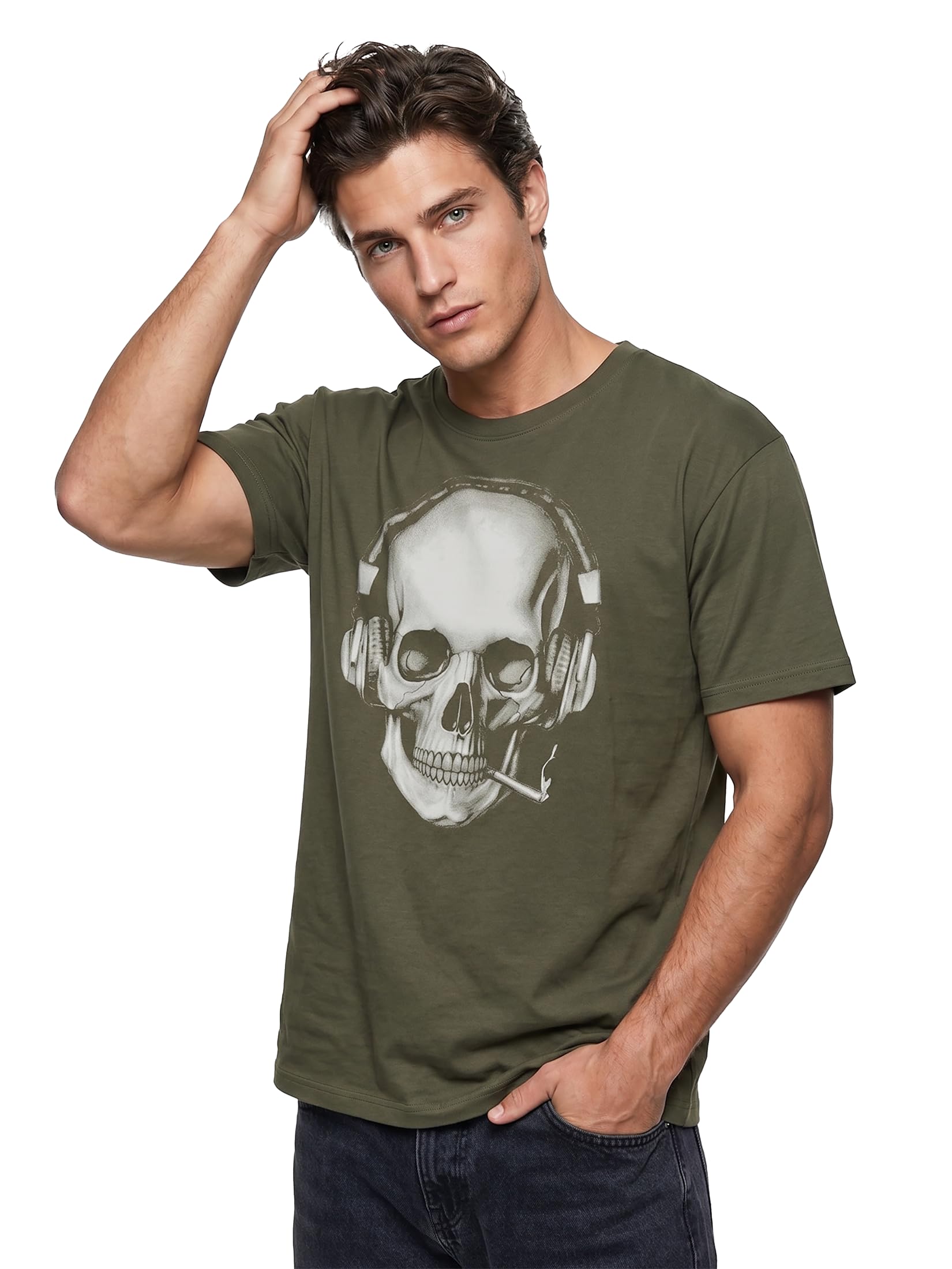 MAKAYA Teschio Auricolare T-Shirt Uomo Cotone DJ Musica