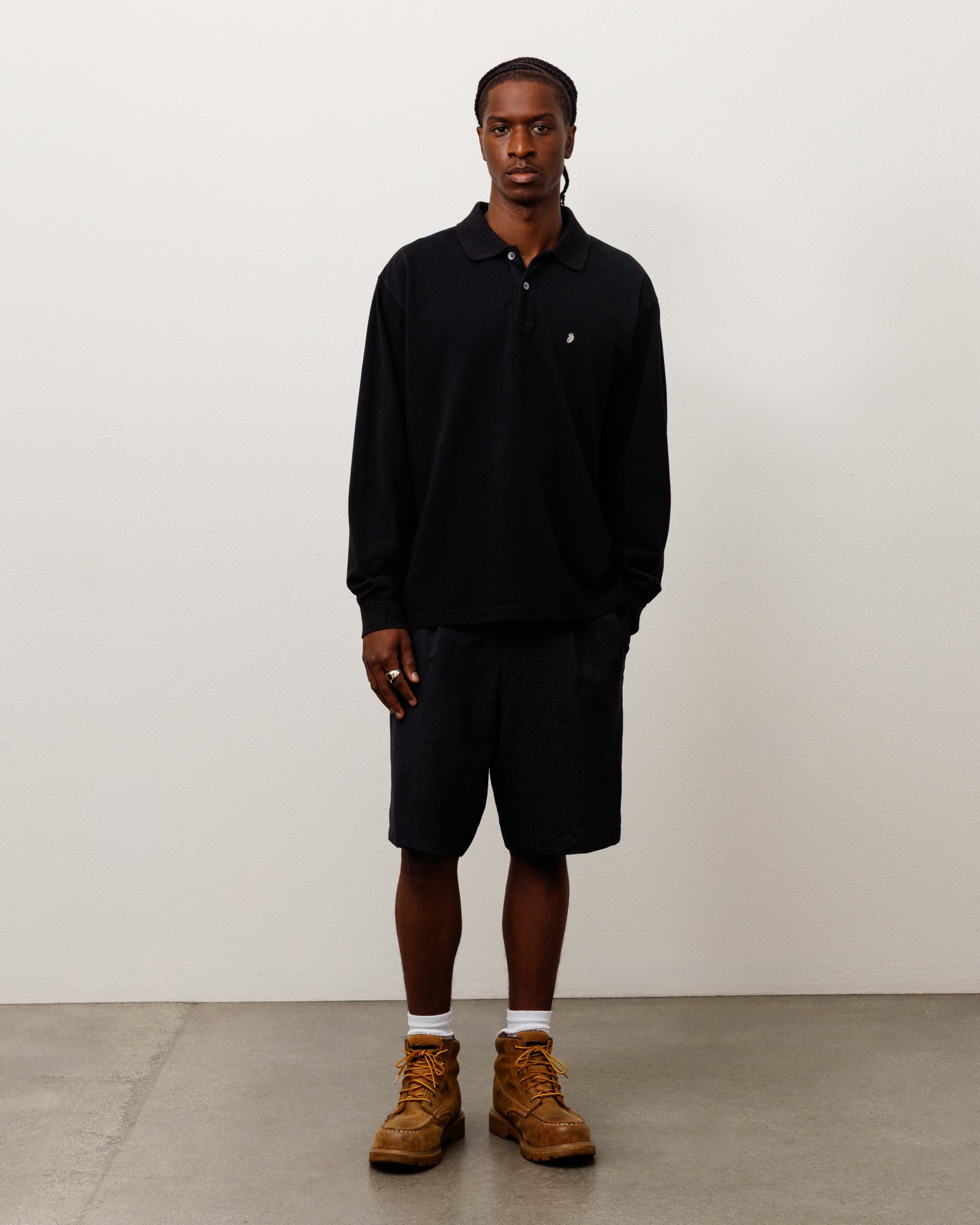 Stussy Classic Pique LS Polo Nera Maniche Lunghe Cotone