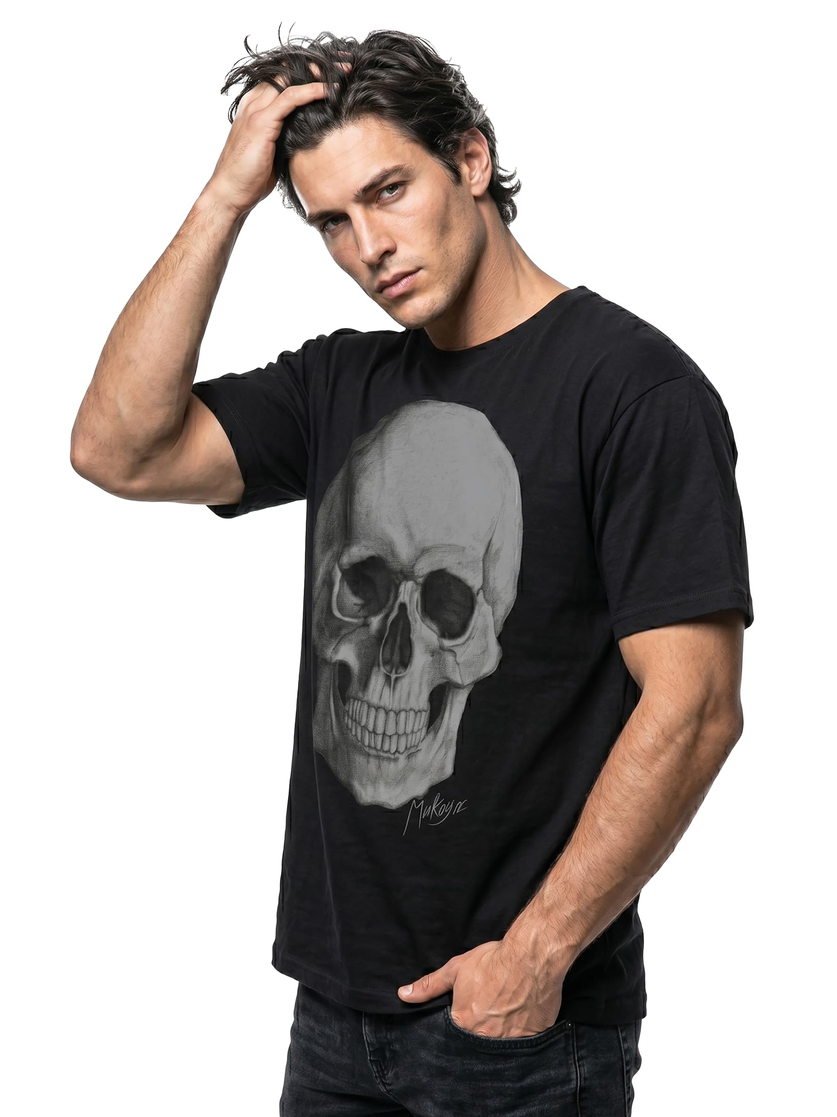 Makaya T-Shirt Uomo Death Skull Maglietta Teschio Cotone Nero