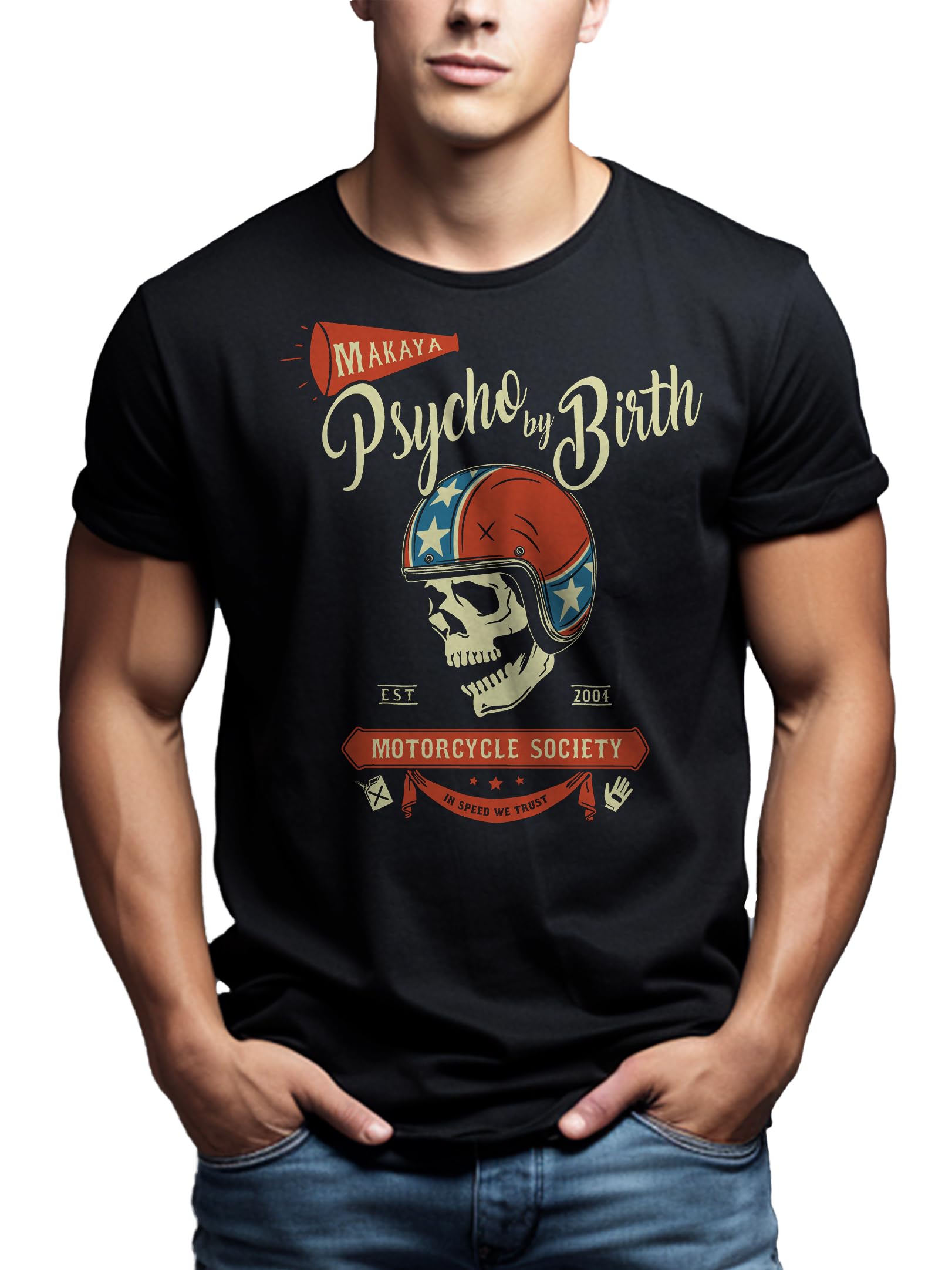 MAKAYA Psycho Motorcycle T-Shirt Uomo Nero 100% Cotone