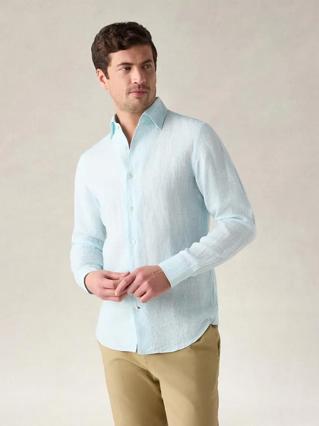 Robert Talbott Morgan Medium Stripe camicia lino aqua