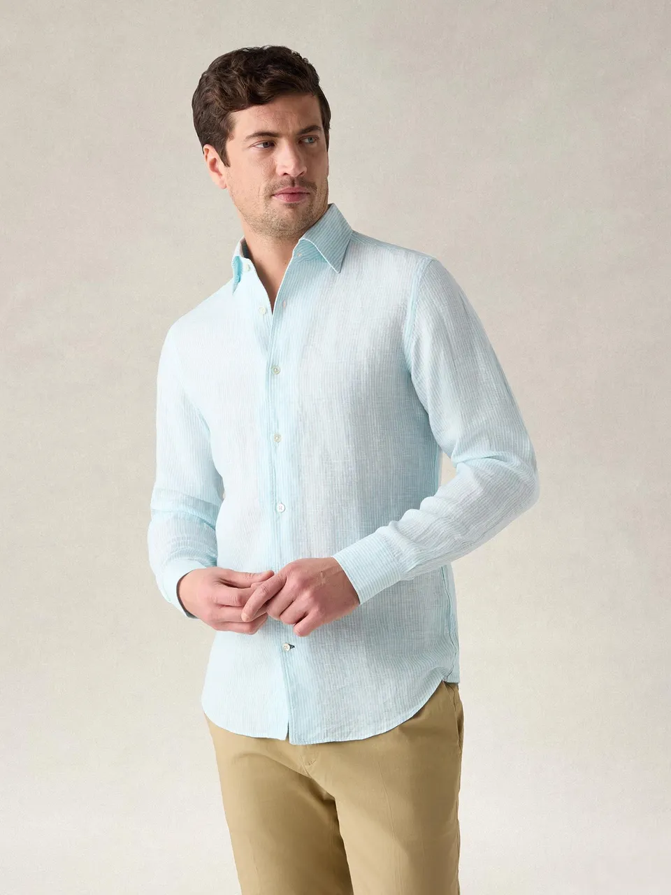 Robert Talbott Morgan Medium Stripe camicia lino aqua