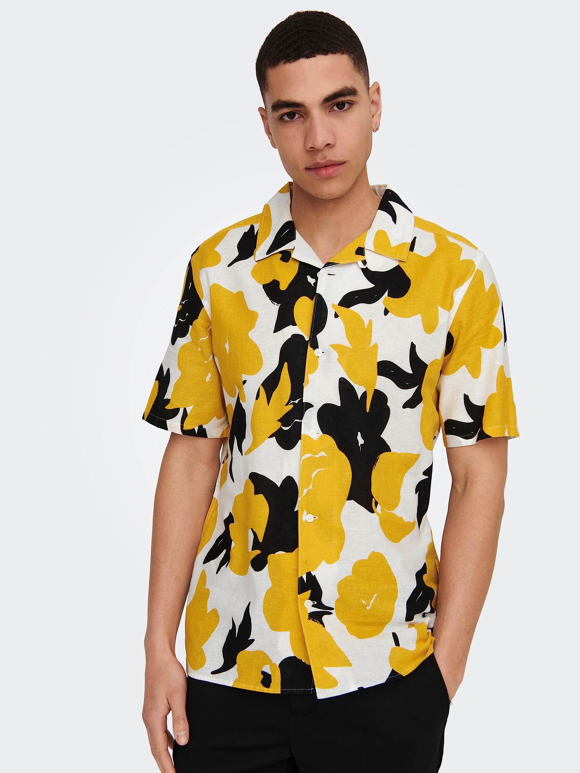 ONLY & SONS Onstrev Polo Uomo Camicia Nera Fantasia M
