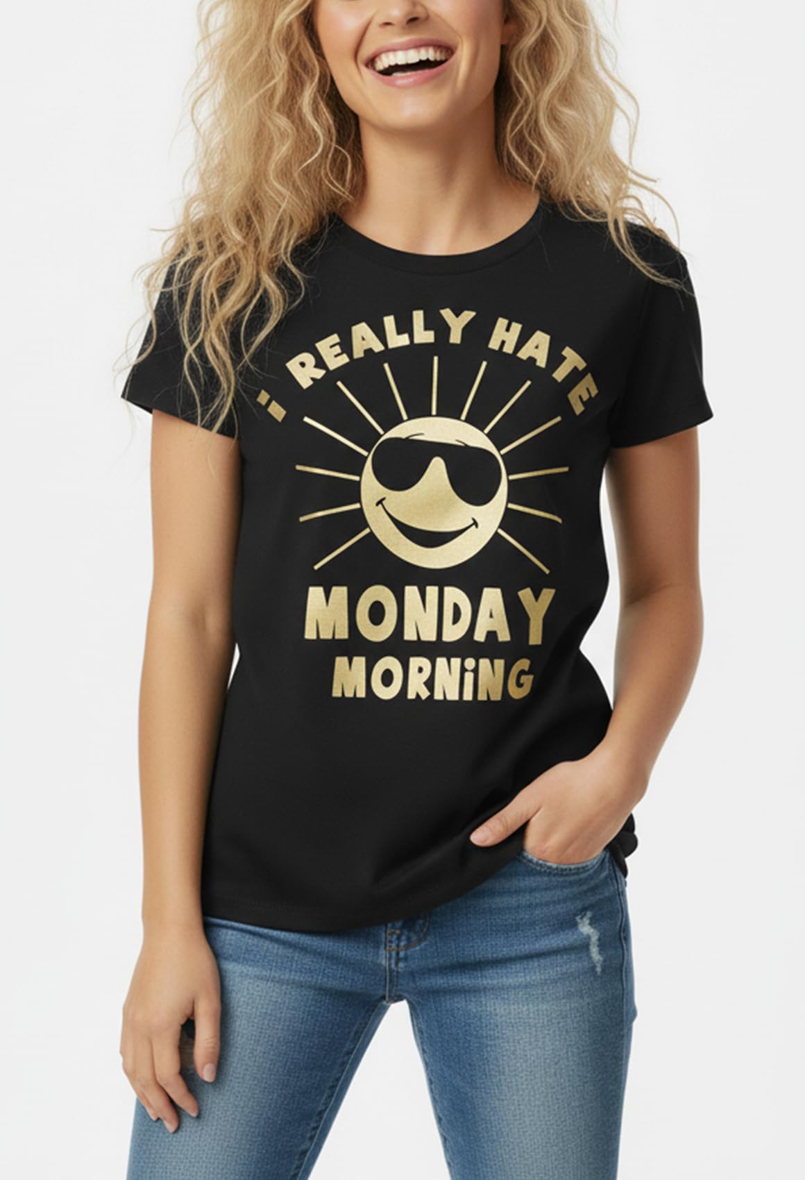 MAKAYA T-Shirt Donna I Really Hate Monday Morning maglietta nera M cotone