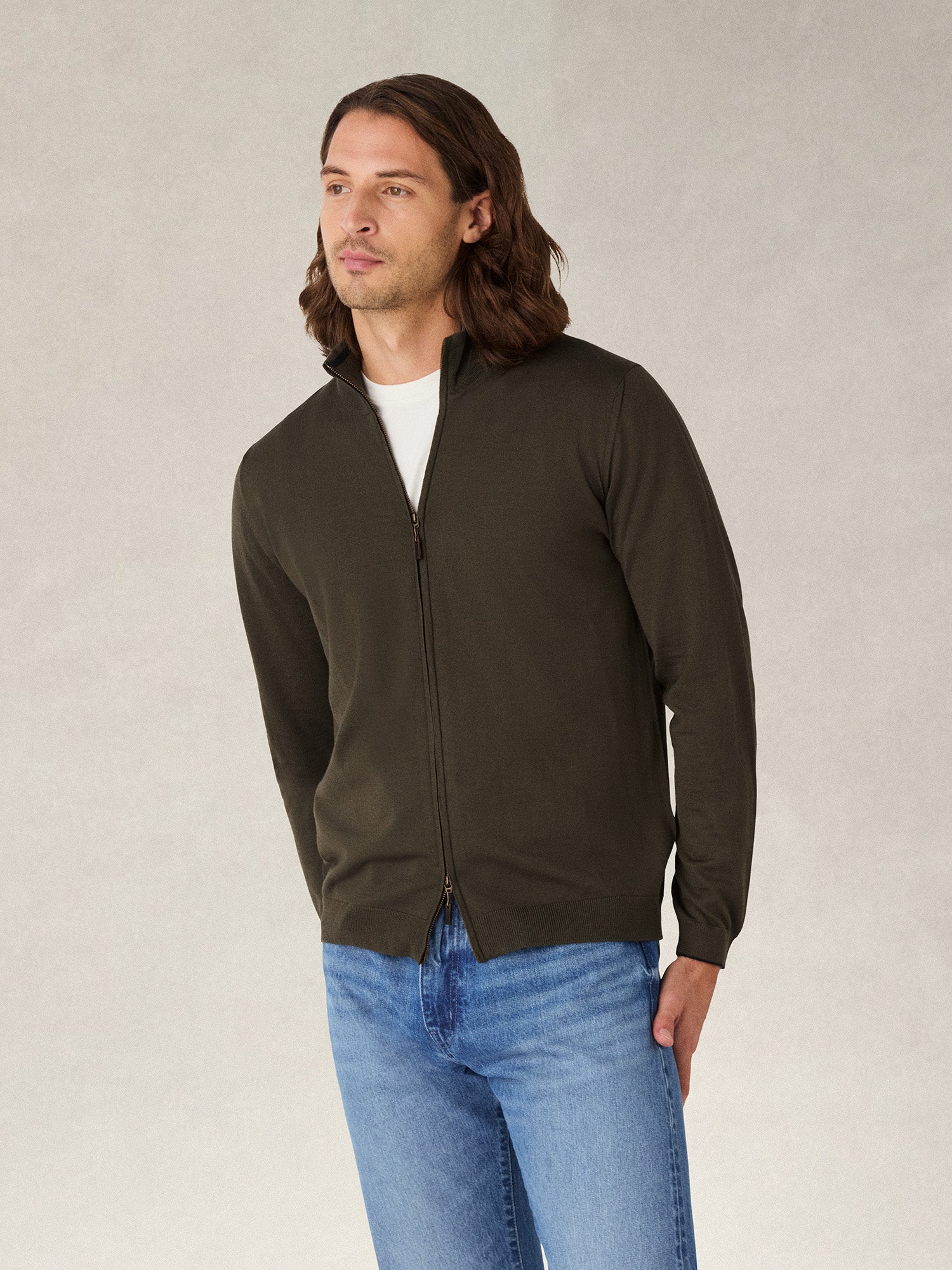Robert Talbott Dalton Full Zip maglione merino verde oliva XL