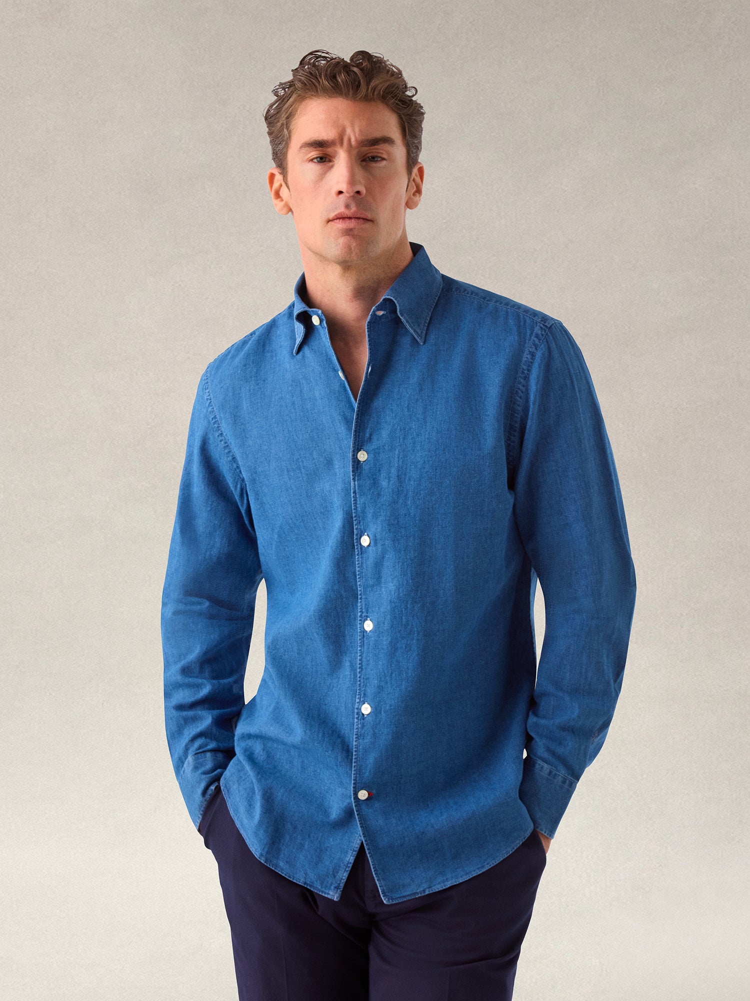 Robert Talbott Morgan camicia casual lino cotone azzurra