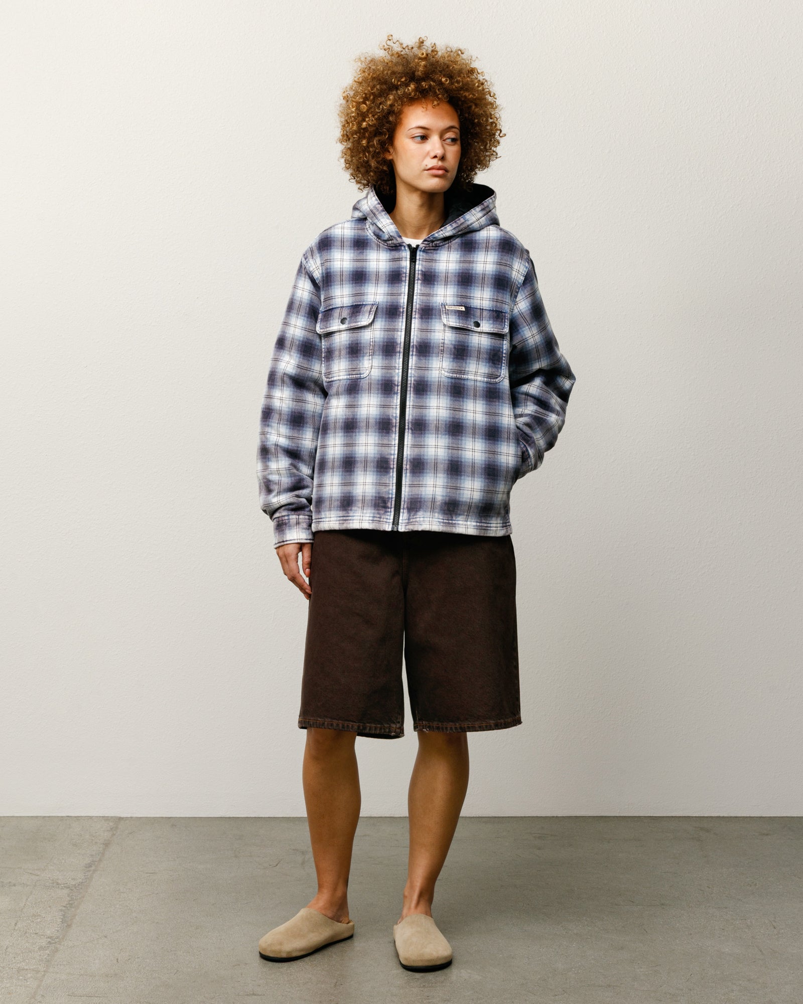 Stussy Zip Hooded Plaid Shirt giacca blu quadri trapuntata