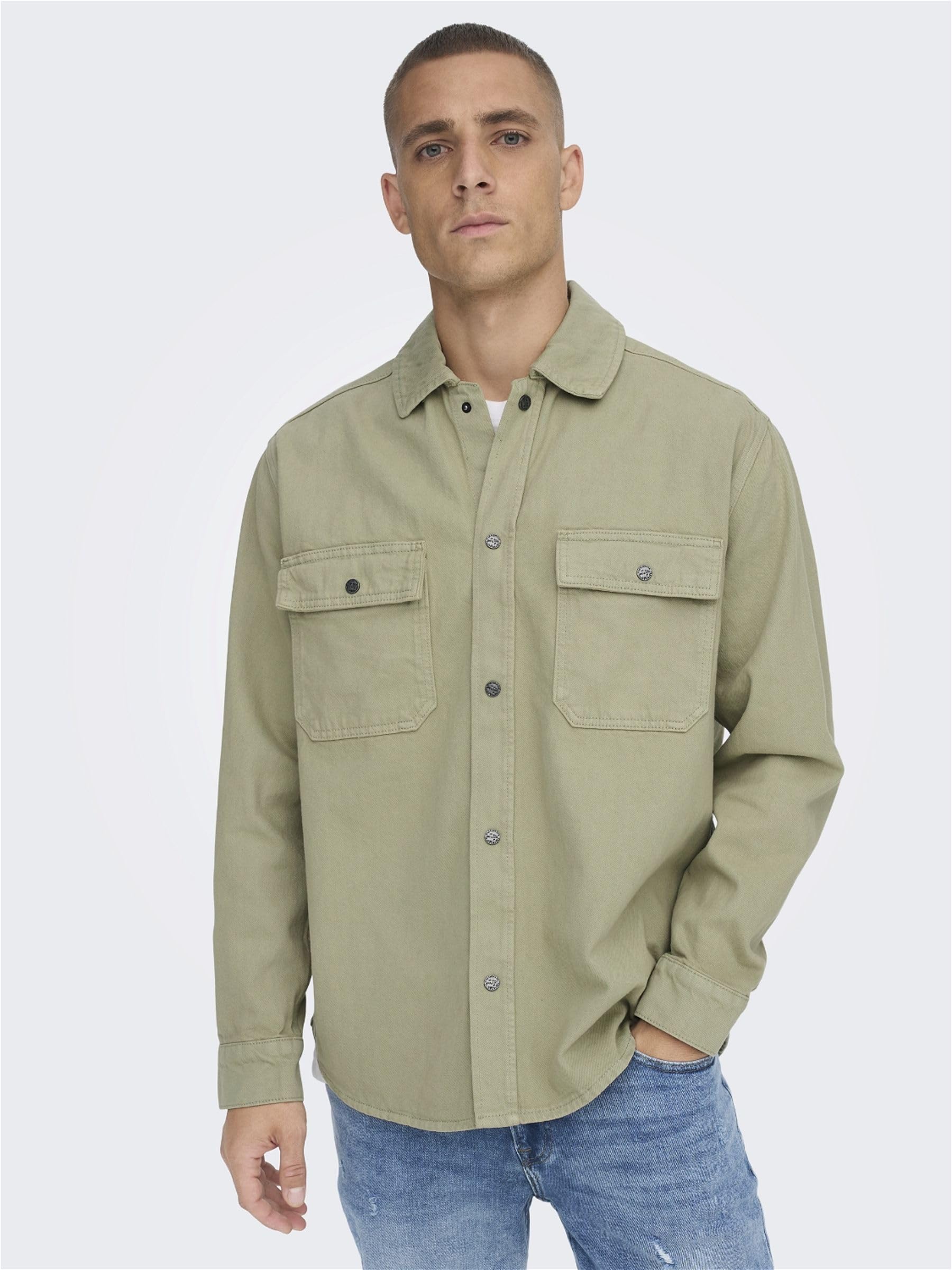 Only & Sons Camicia Uomo Twill Tinta Unita Tasche Taglia L
