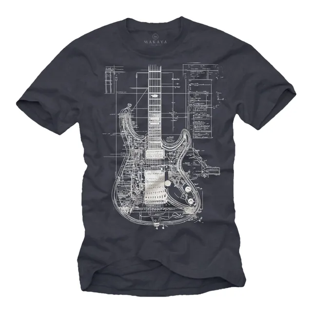 MAKAYA T-Shirt Uomo Chitarra Maglietta Nera XL 100% Cotone