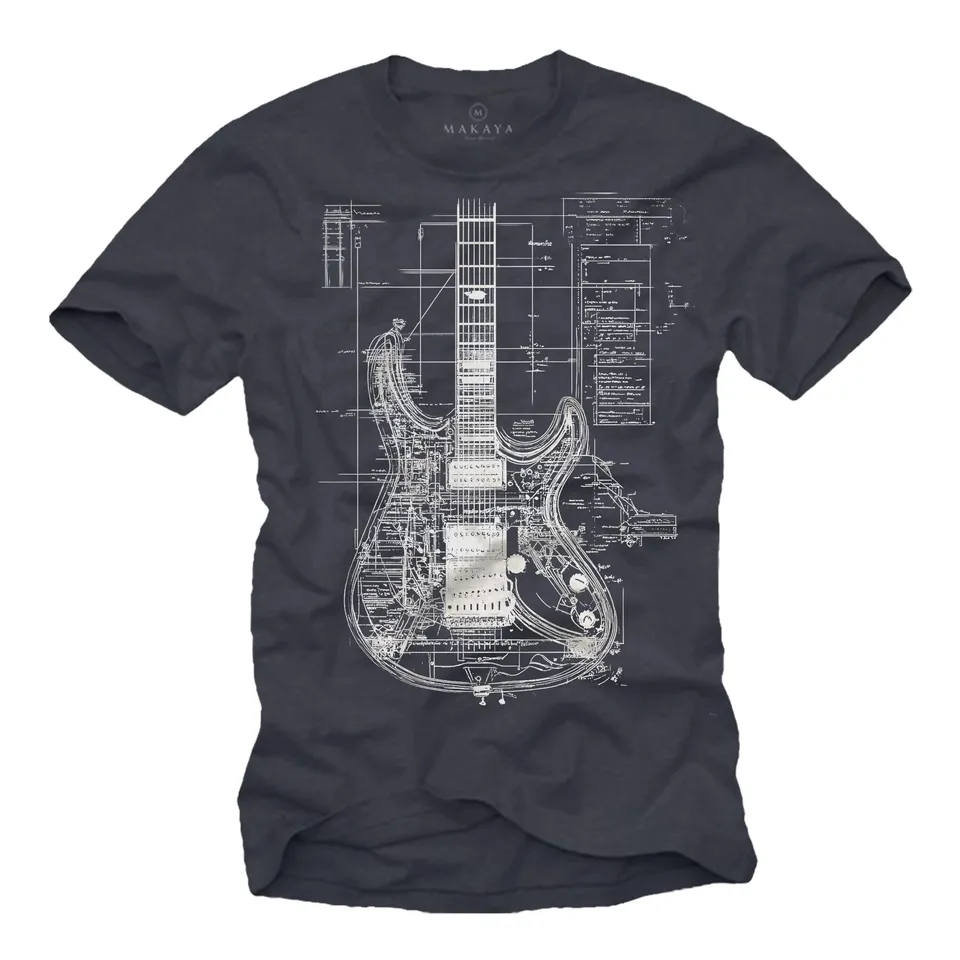 MAKAYA T-Shirt Uomo Chitarra Maglietta Nera XL 100% Cotone