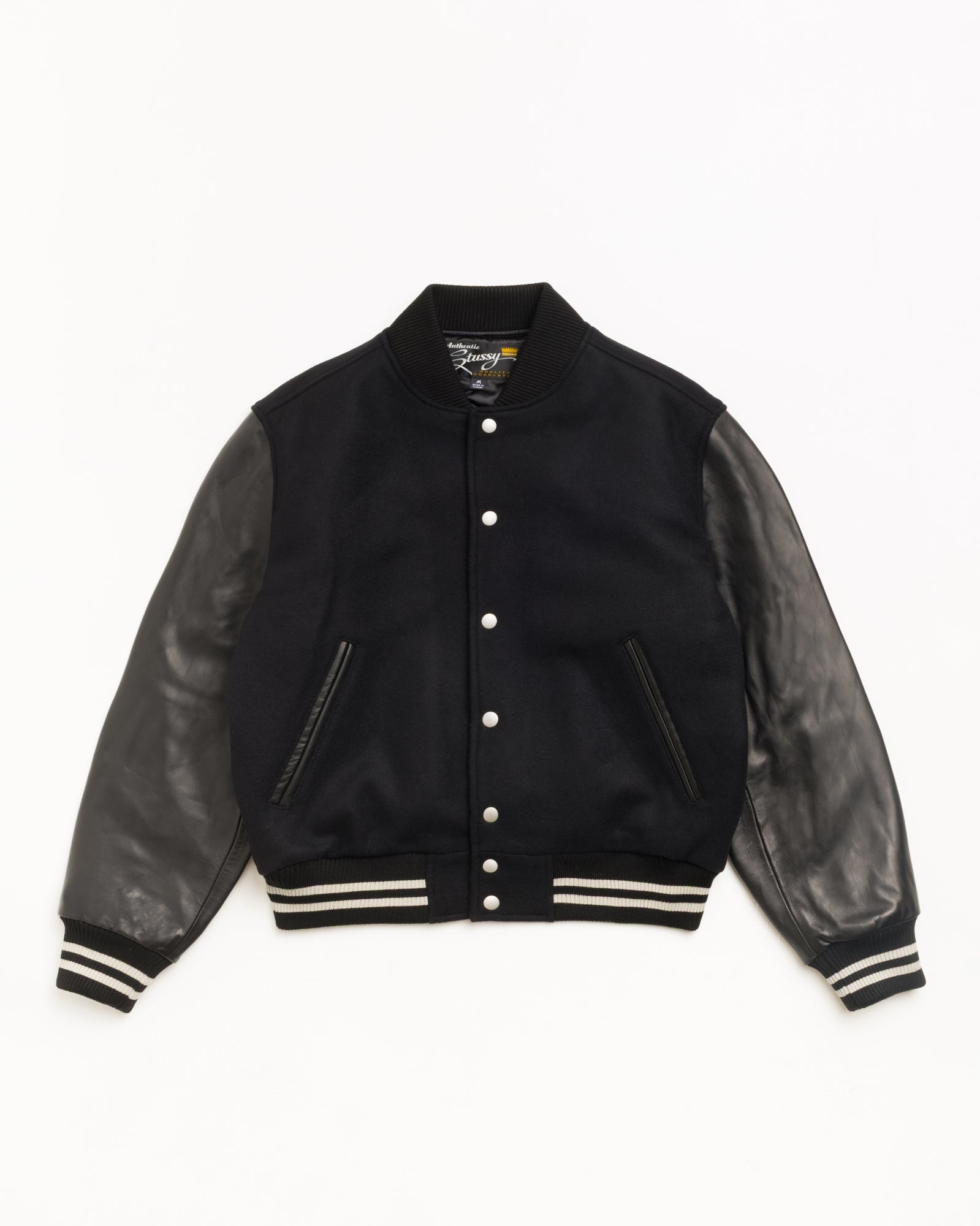 Stussy Wool Varsity giacca nera 75% lana maniche pelle