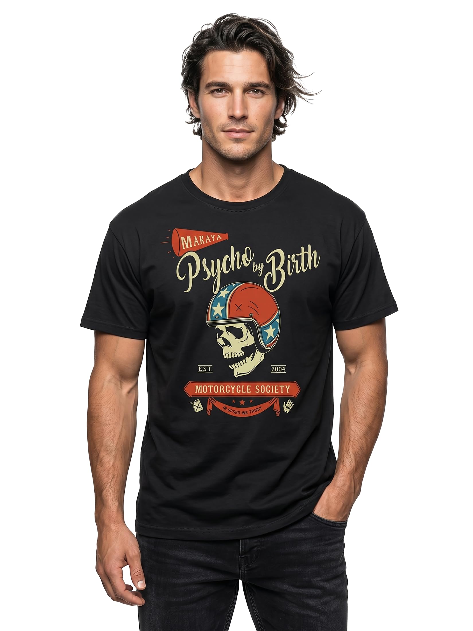 MAKAYA Psycho Motorcycle T-Shirt Uomo Nero 100% Cotone