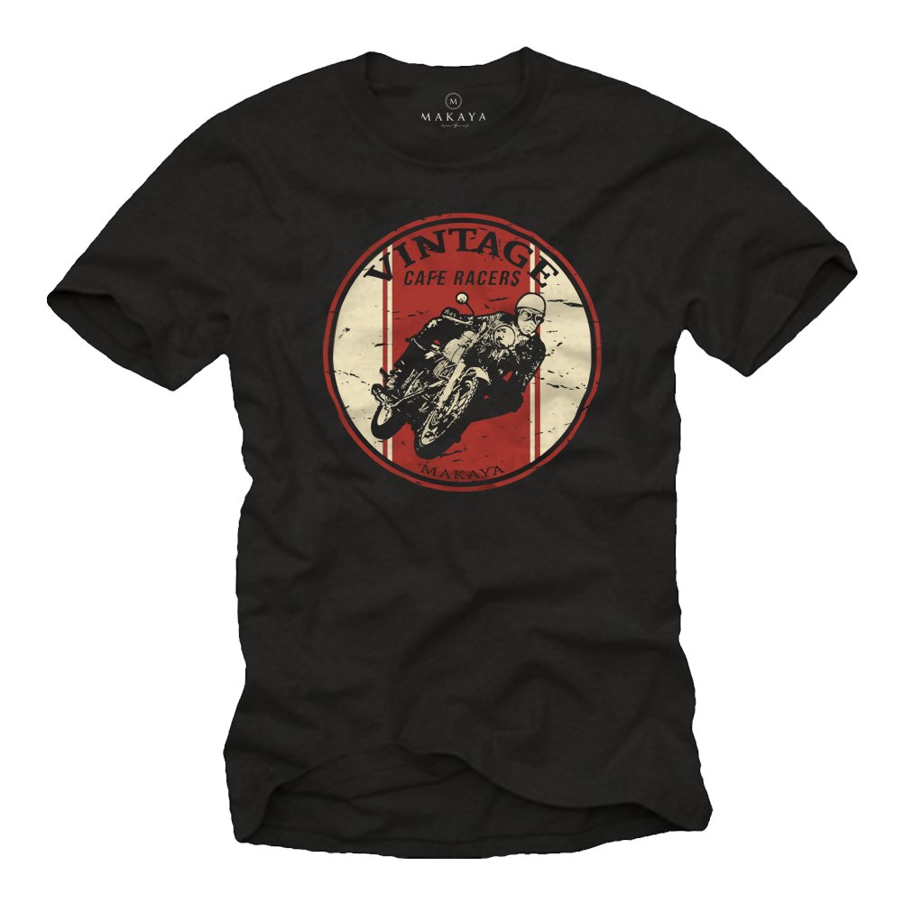 MAKAYA Cafe Racer Maglietta Uomo Cotone Vintage Moto Nero