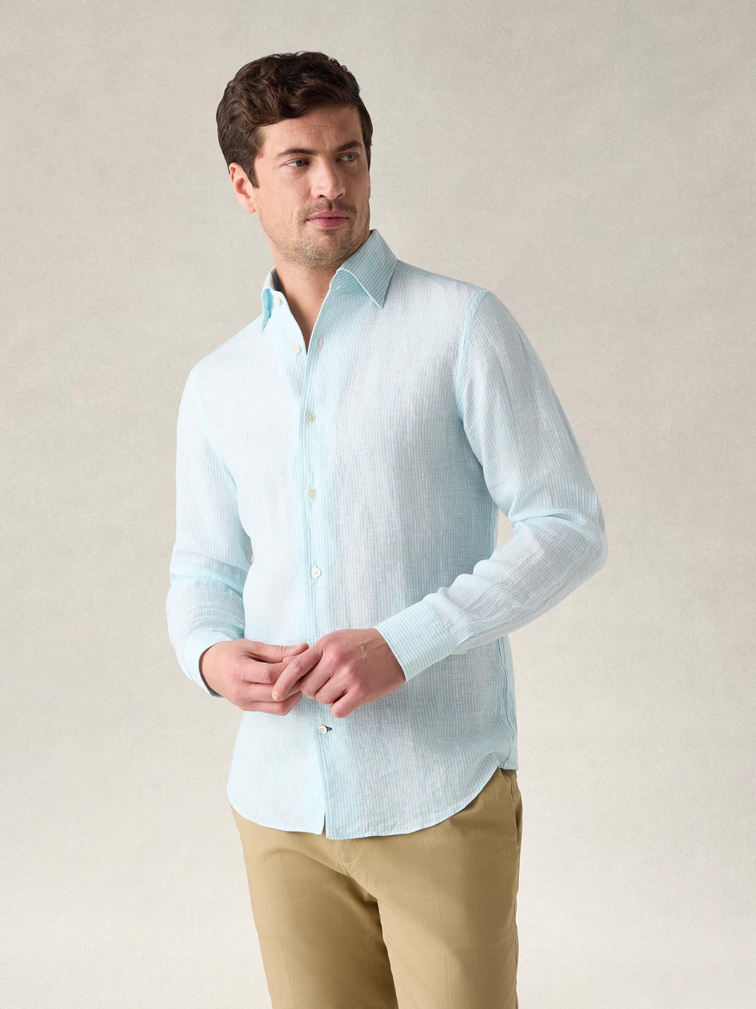 Robert Talbott Morgan Medium Stripe camicia lino aqua