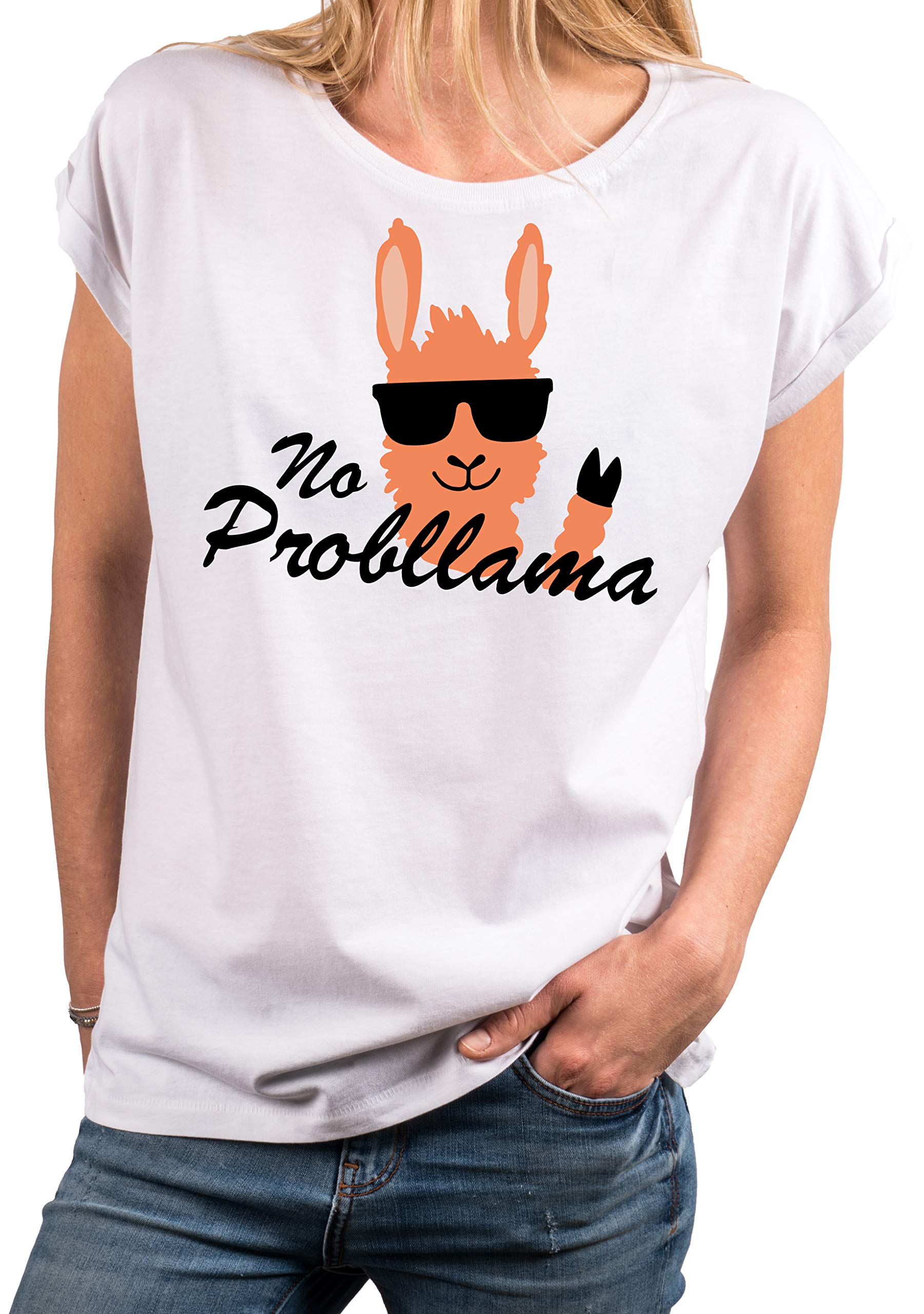 MAKAYA T-Shirt Donna No Probllama Maglietta Grigio Chiaro