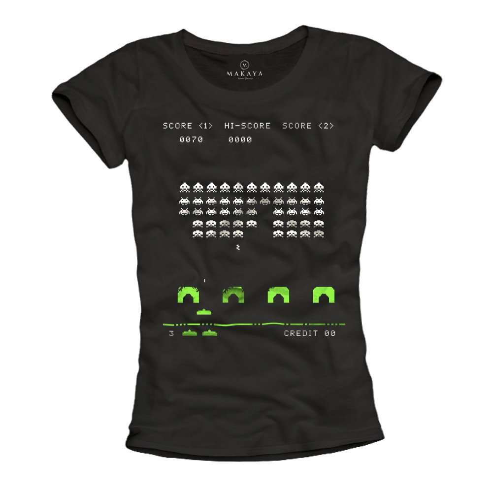 Makaya Space Invaders T-Shirt Donna Cotone Nera M