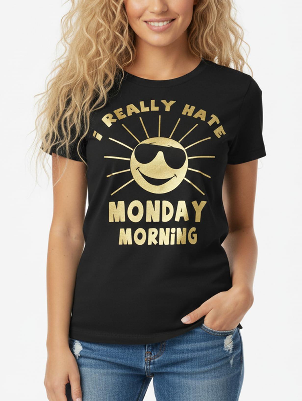 MAKAYA T-Shirt Donna I Really Hate Monday Morning maglietta nera M cotone