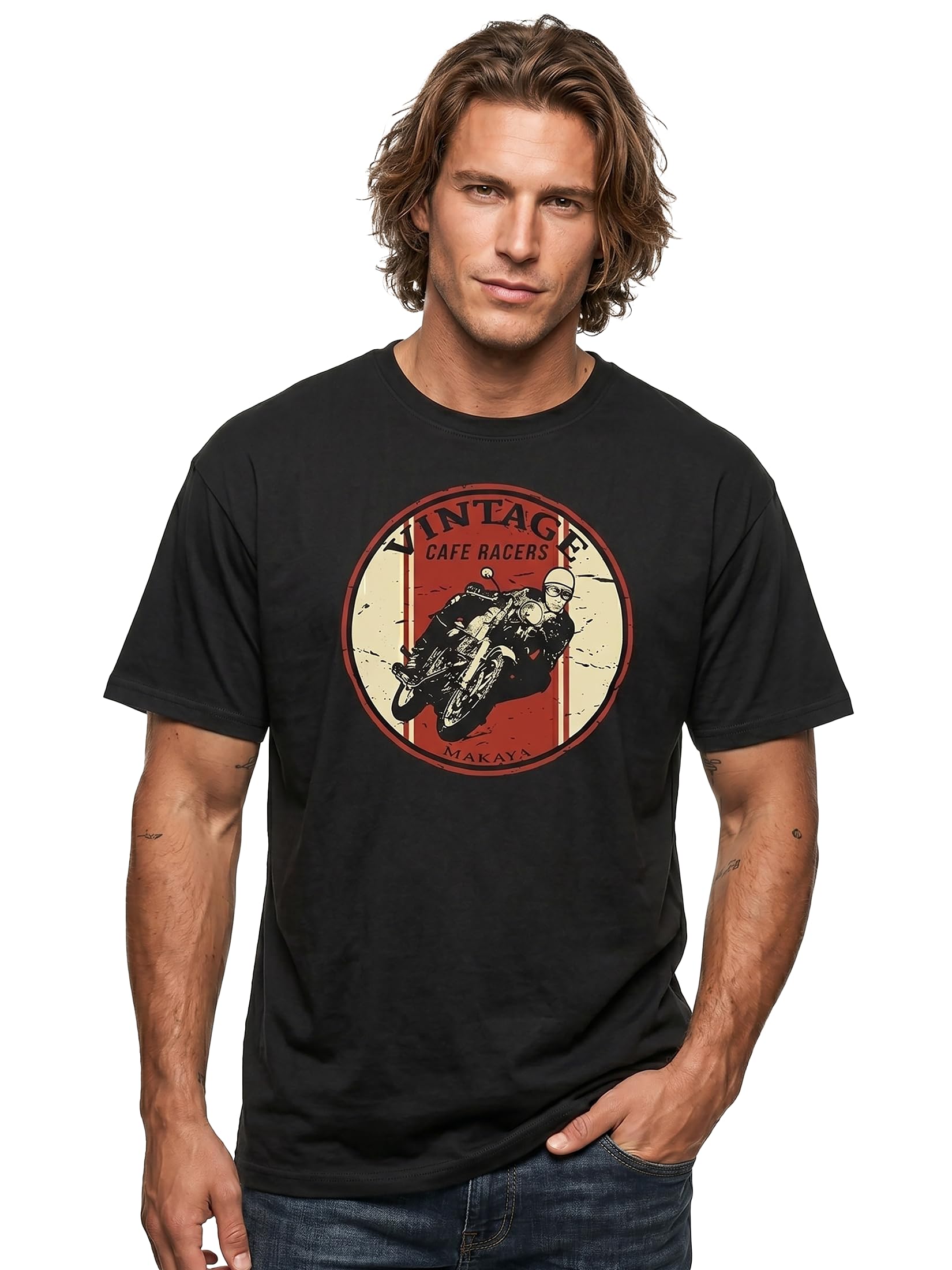 MAKAYA Cafe Racer Maglietta Uomo Cotone Vintage Moto Nero