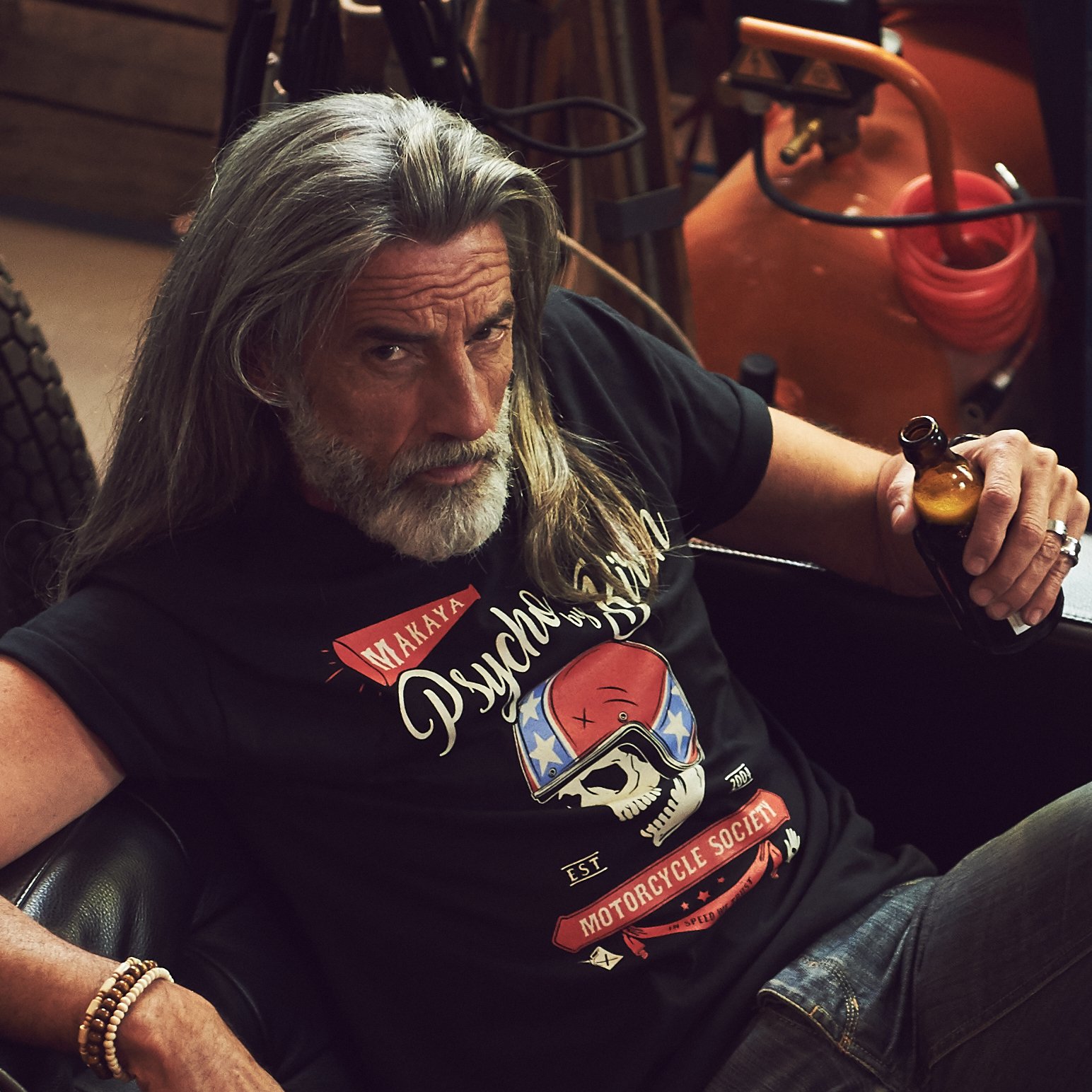 MAKAYA Psycho Motorcycle T-Shirt Uomo Nero 100% Cotone