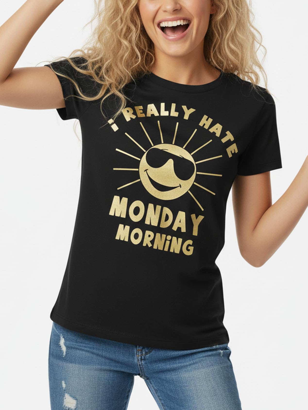 MAKAYA T-Shirt Donna I Really Hate Monday Morning maglietta nera M cotone