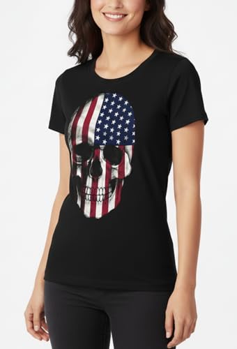 MAKAYA Skull T-Shirt Donna Bandiera USA S Cotone