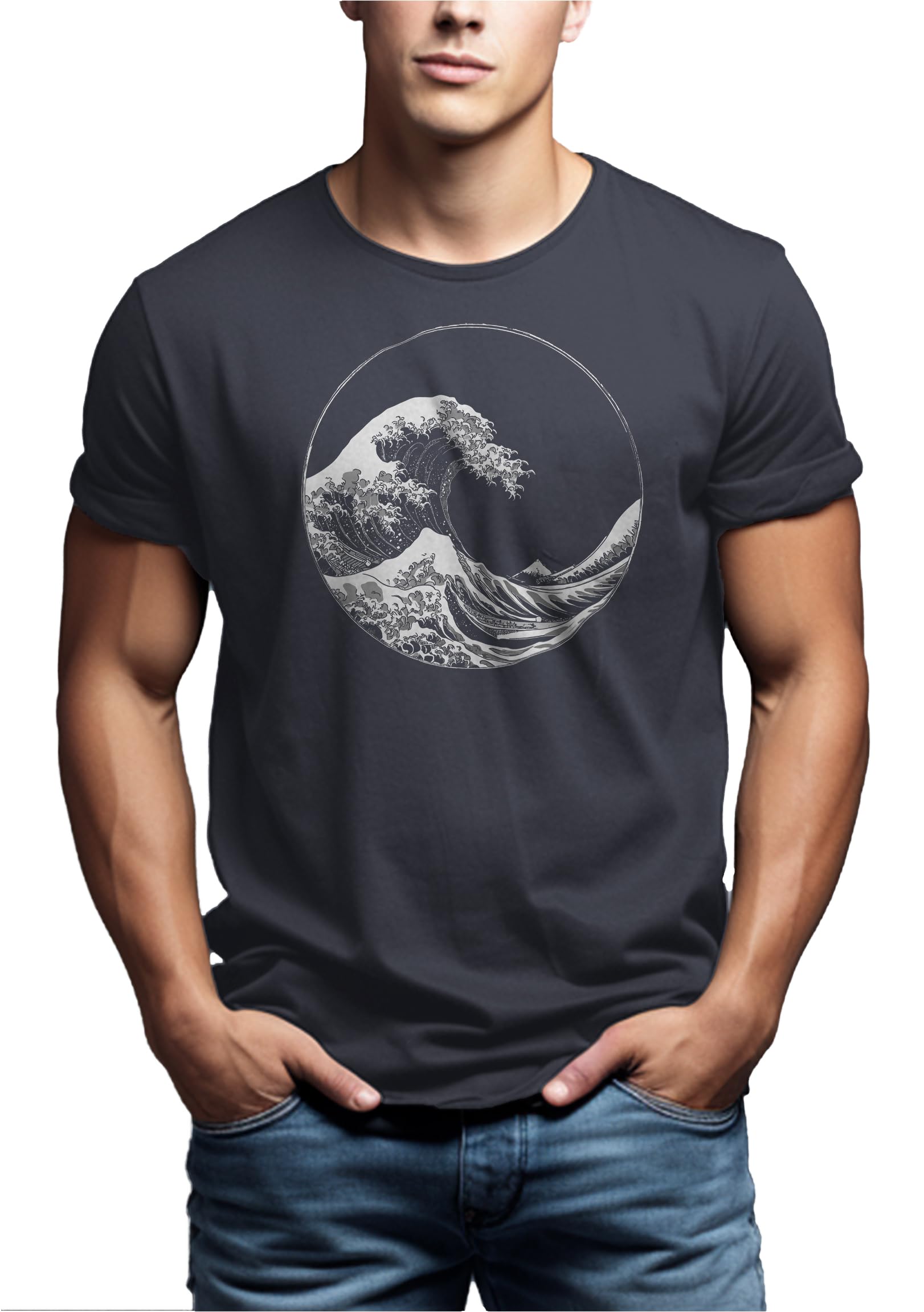 MAKAYA Onda Kanagawa T-Shirt Uomo Cotone Blu