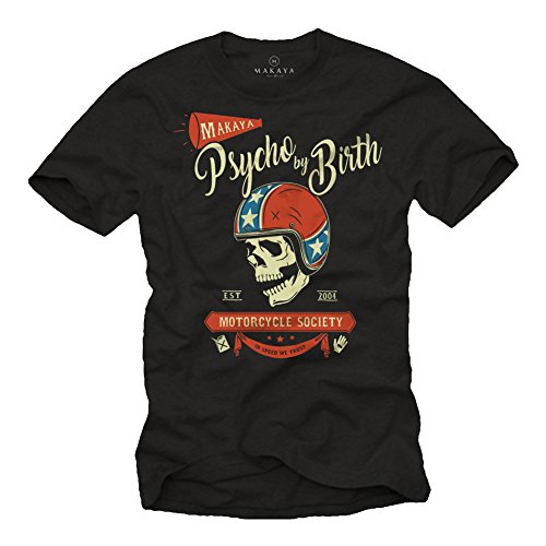 MAKAYA Psycho Motorcycle T-Shirt Uomo Nero 100% Cotone