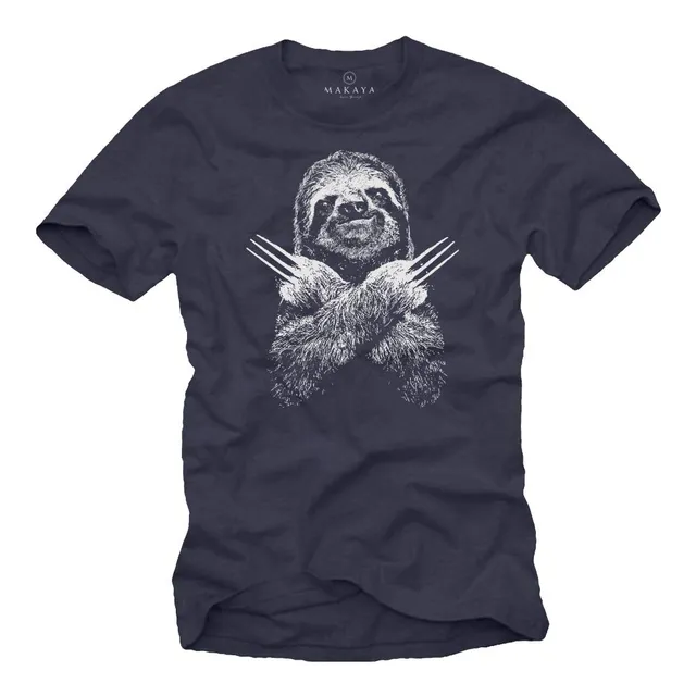 MAKAYA Bradipo Sloth T-Shirt Uomo L Blu 100% Cotone