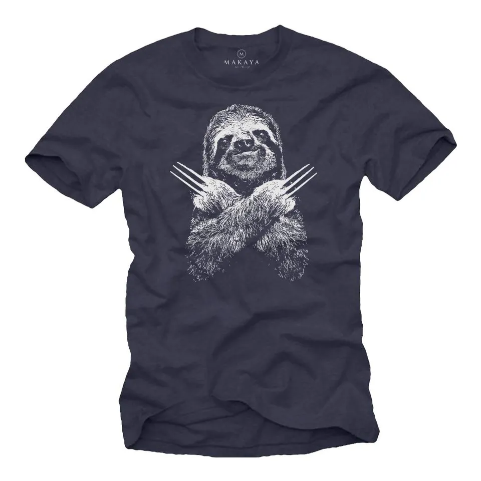 MAKAYA Bradipo Sloth T-Shirt Uomo L Blu 100% Cotone