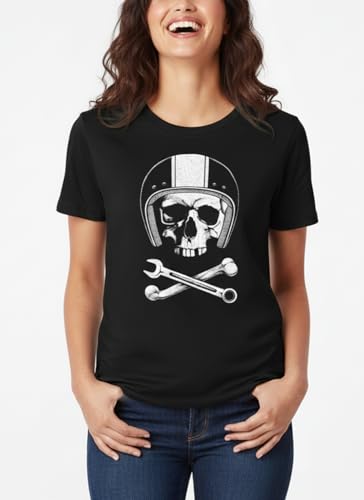 Makaya Teschio Casco Moto T-Shirt Donna Cotone Nera Taglia S