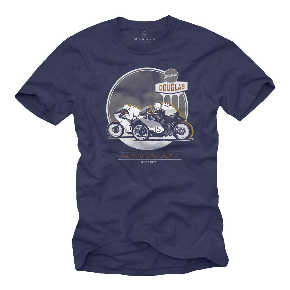 Makaya Cafe Racer T-Shirt Uomo Cotone Blu Taglia S