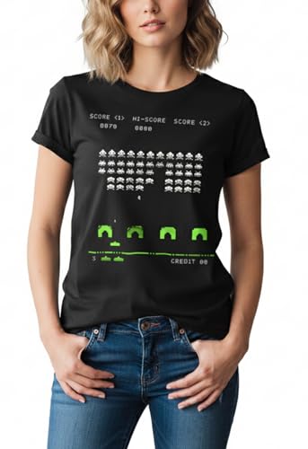 Makaya Space Invaders T-Shirt Donna Cotone Nera M
