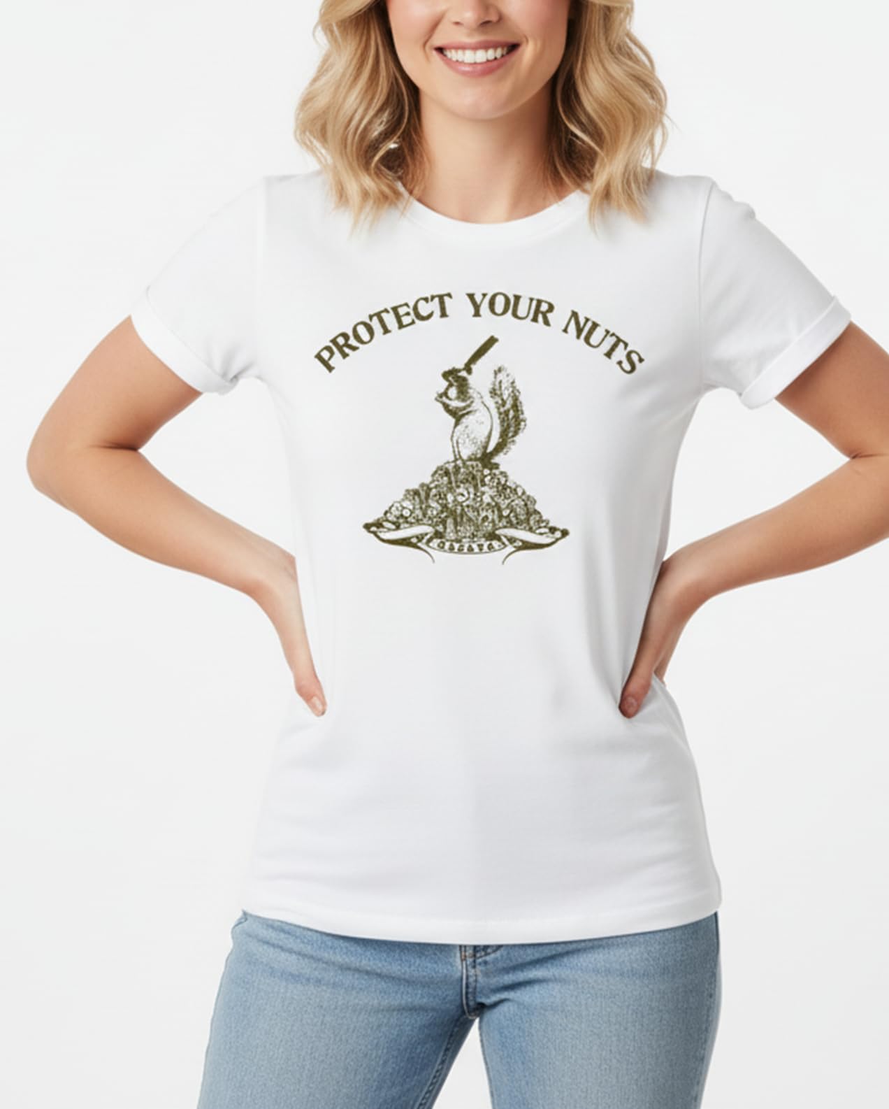 MAKAYA Protect Your Nuts T-Shirt Donna Bianca Cotone Taglia L