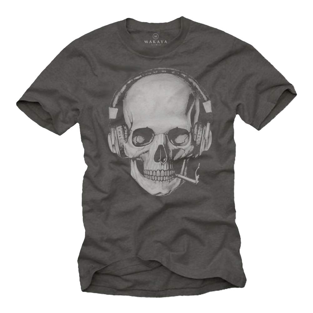 MAKAYA Teschio Auricolare T-Shirt Uomo Cotone DJ Musica