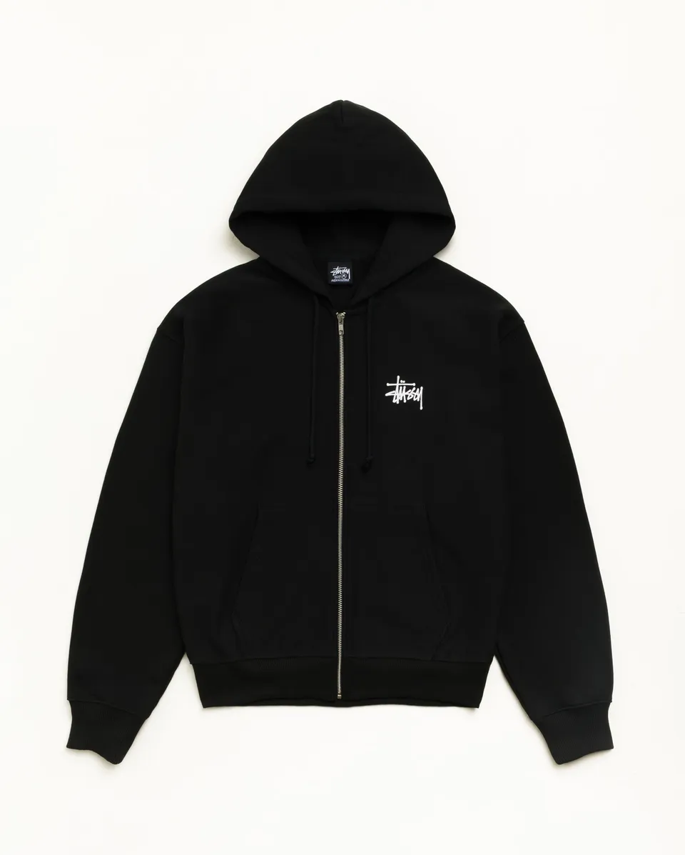 Stussy Basic Zip Hoodie felpa zip nera 430 gsm