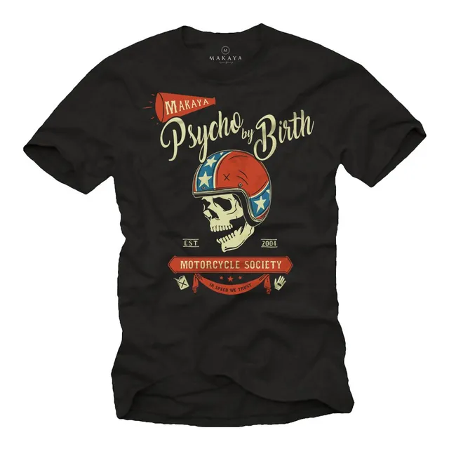 MAKAYA Psycho Motorcycle T-Shirt Uomo Nero 100% Cotone