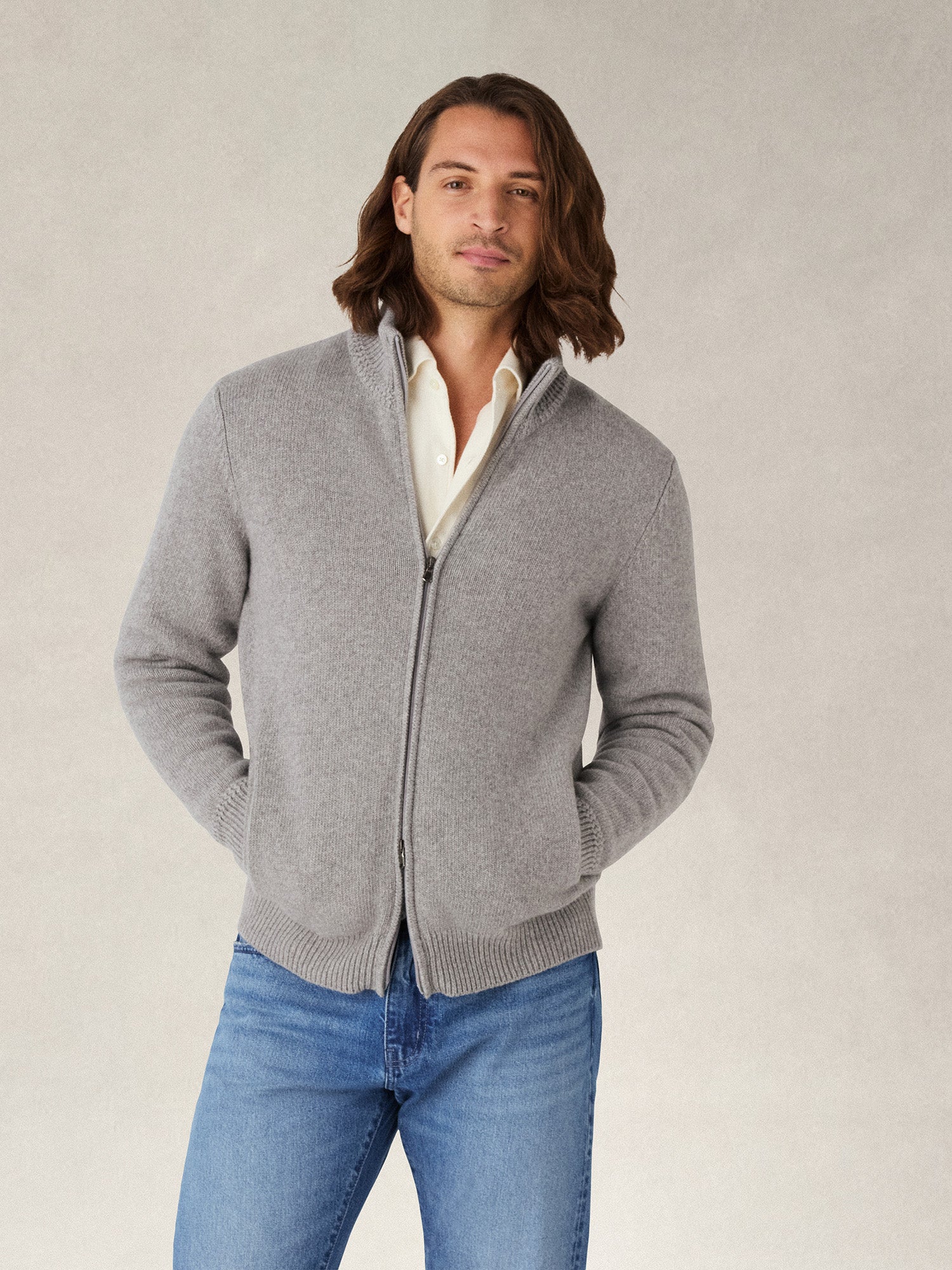 Robert Talbott Graham Full Zip Maglione Uomo Grigio Chiaro Cashmere