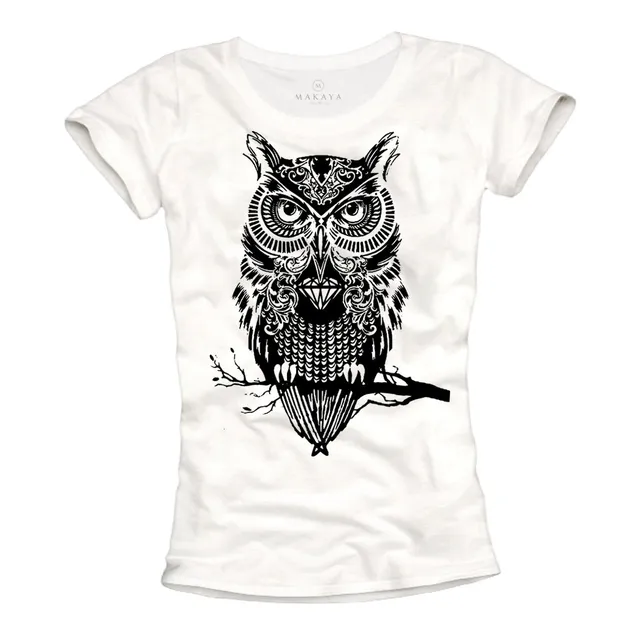 MAKAYA T-Shirt Donna Gufo Maglietta Cotone Bianca S