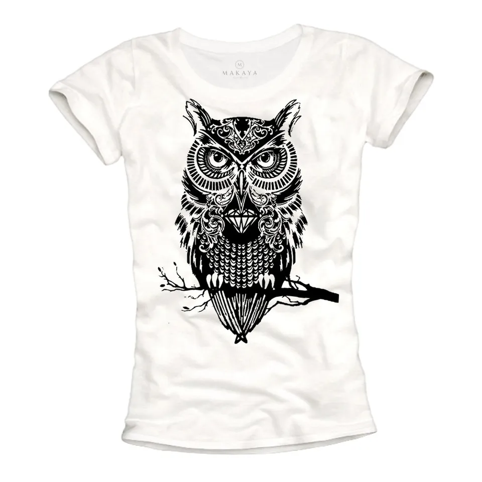 MAKAYA T-Shirt Donna Gufo Maglietta Cotone Bianca S