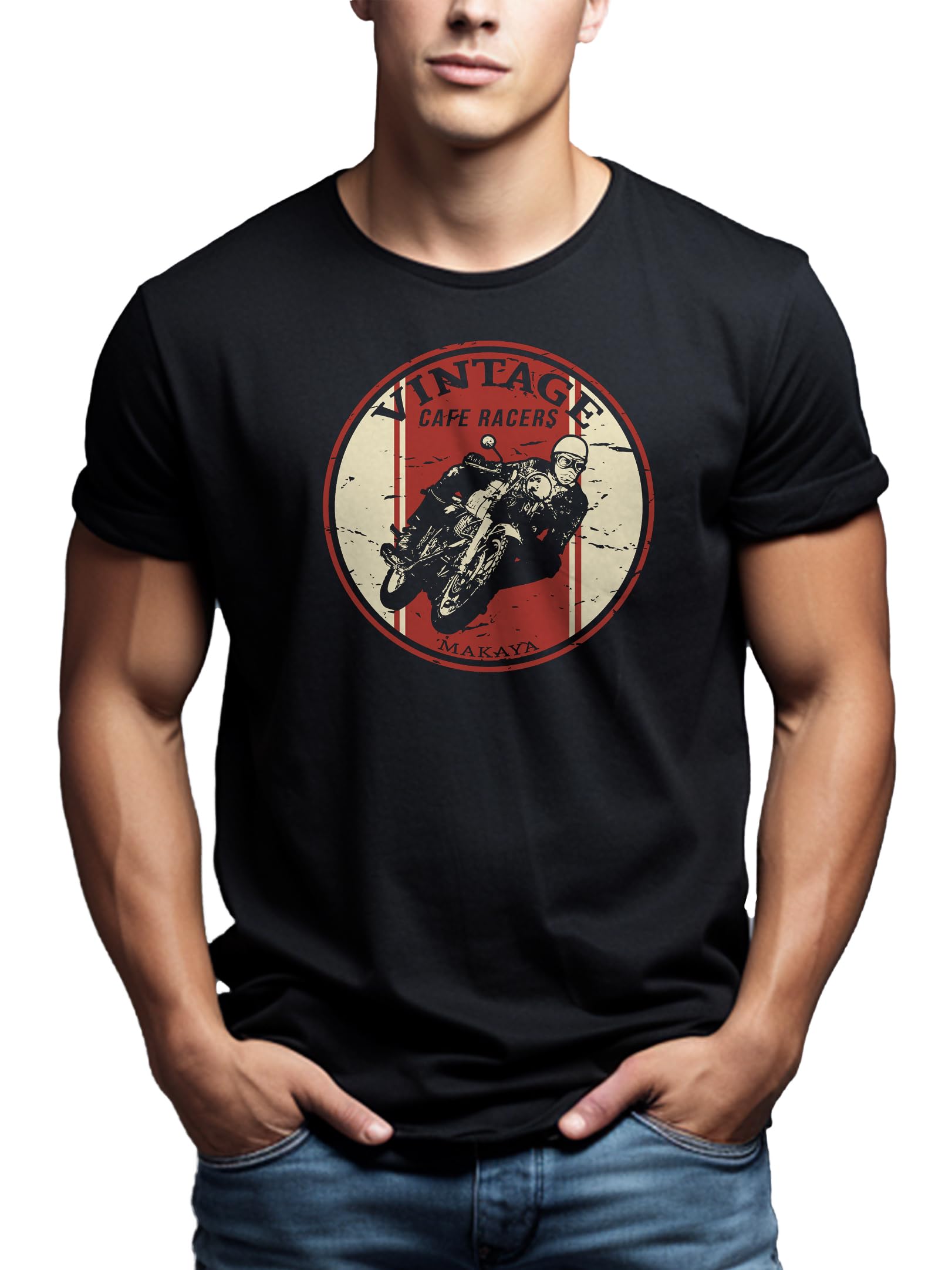 MAKAYA Cafe Racer Maglietta Uomo Cotone Vintage Moto Nero