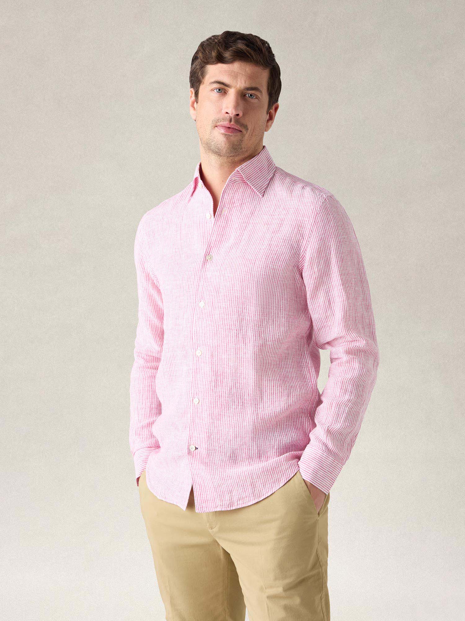 Robert Talbott Morgan camicia lino magenta riga media