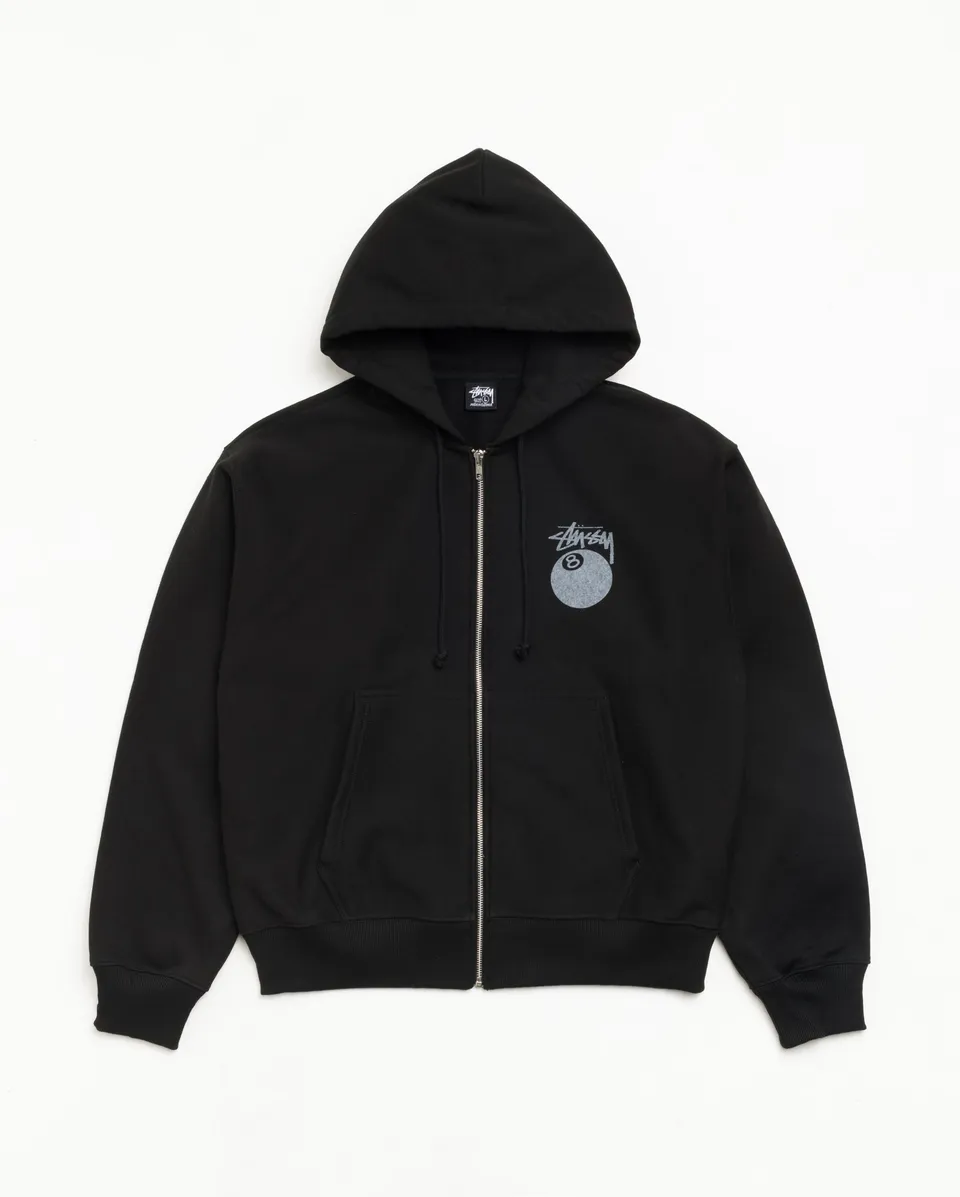 Stussy 8 Ball Zip Hoodie felpa nero 430 gsm