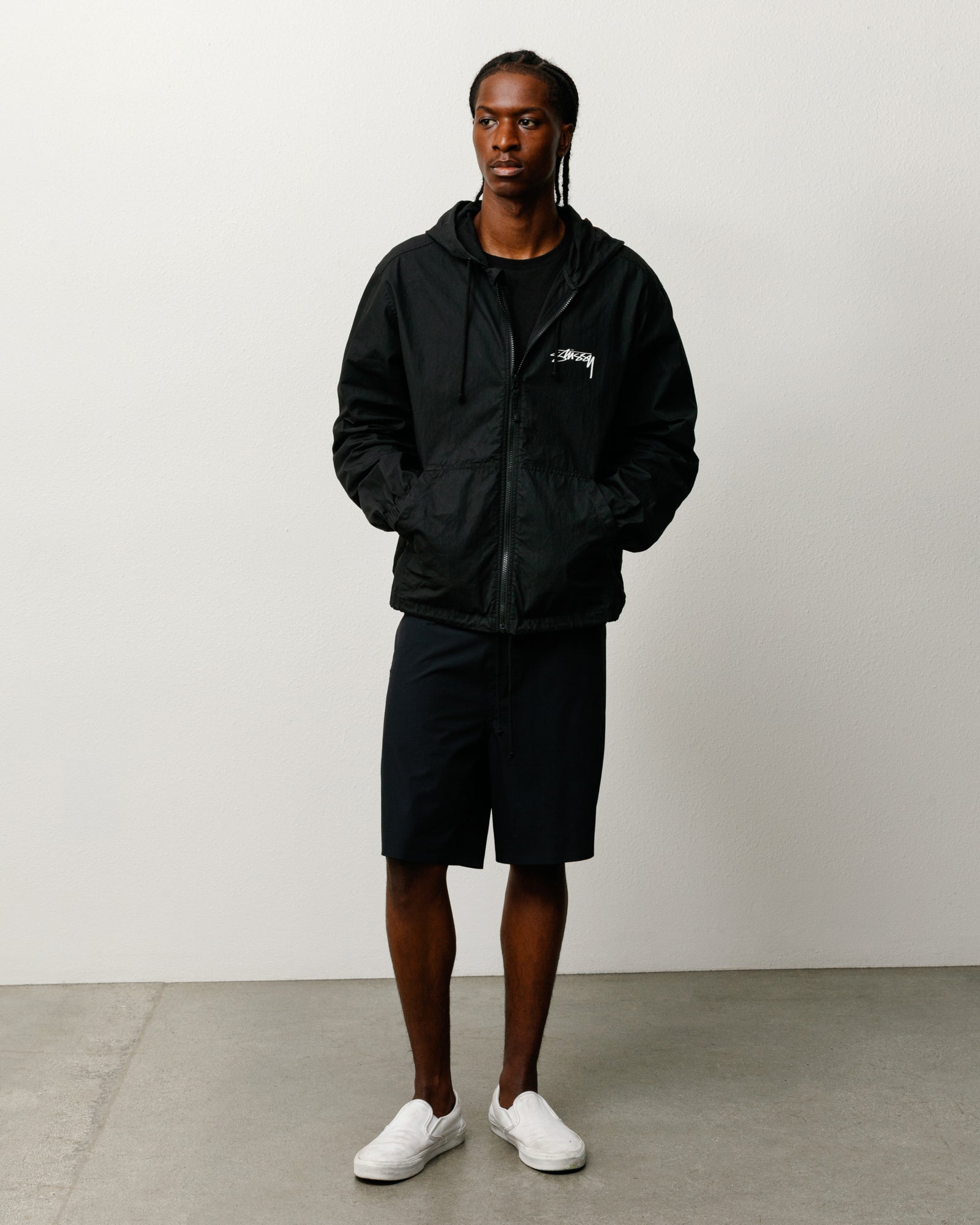 Stussy Outerwear Beach Shell giacca nera cotone cerato zip YKK