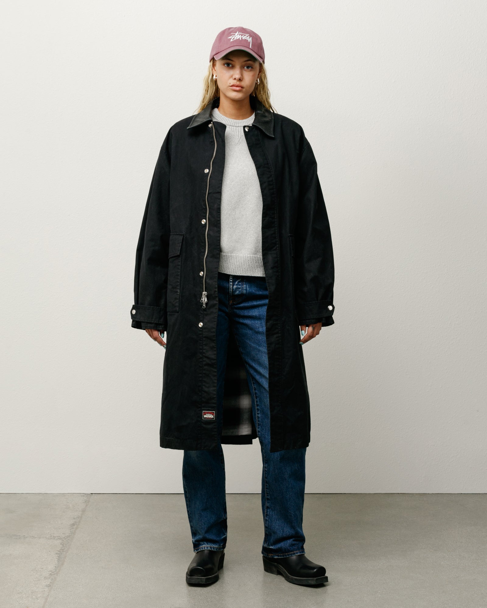 Stussy Duster Coat spolverino nero tela cotone YKK