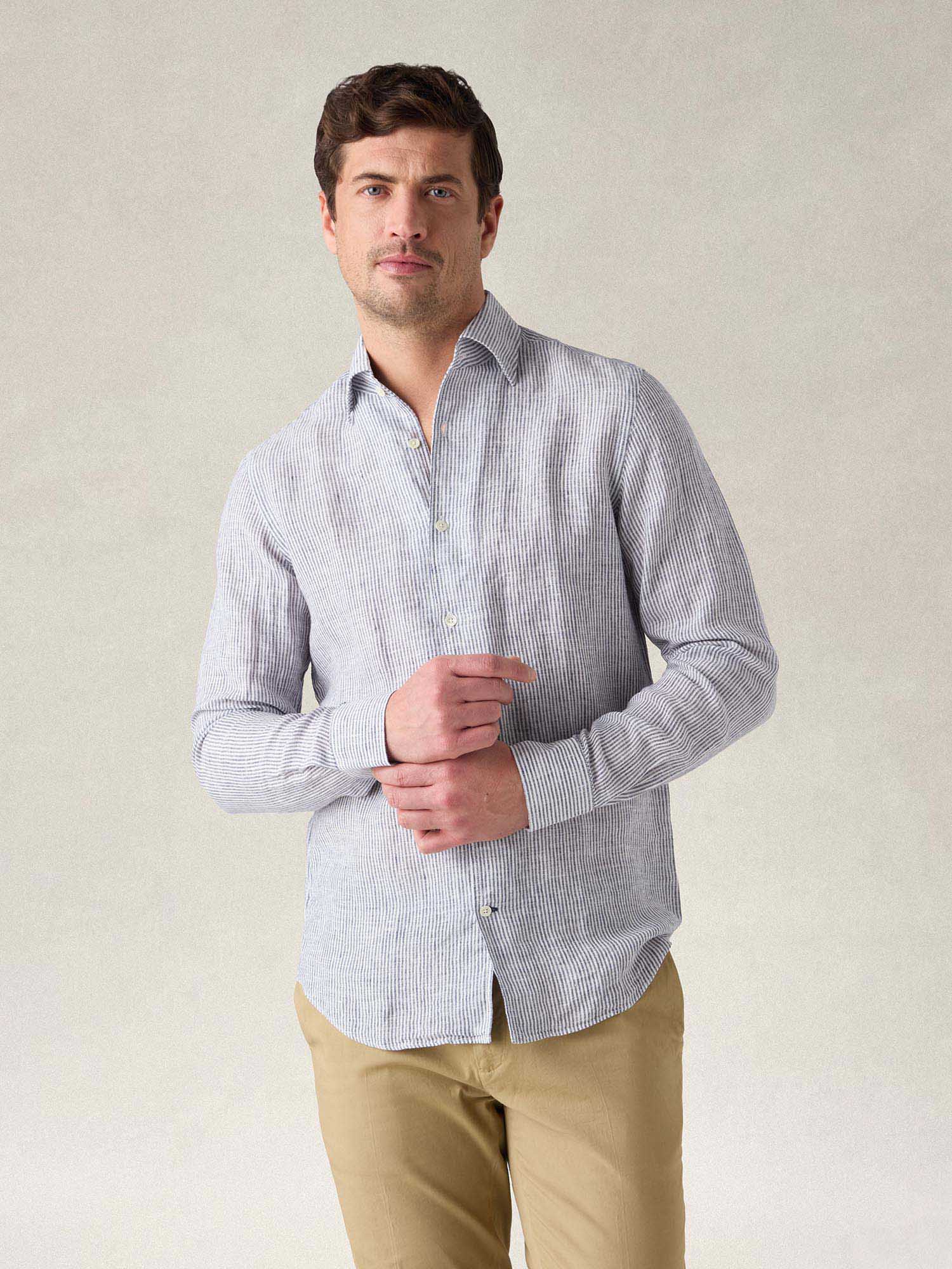 Robert Talbott Morgan camicia lino righe blu navy