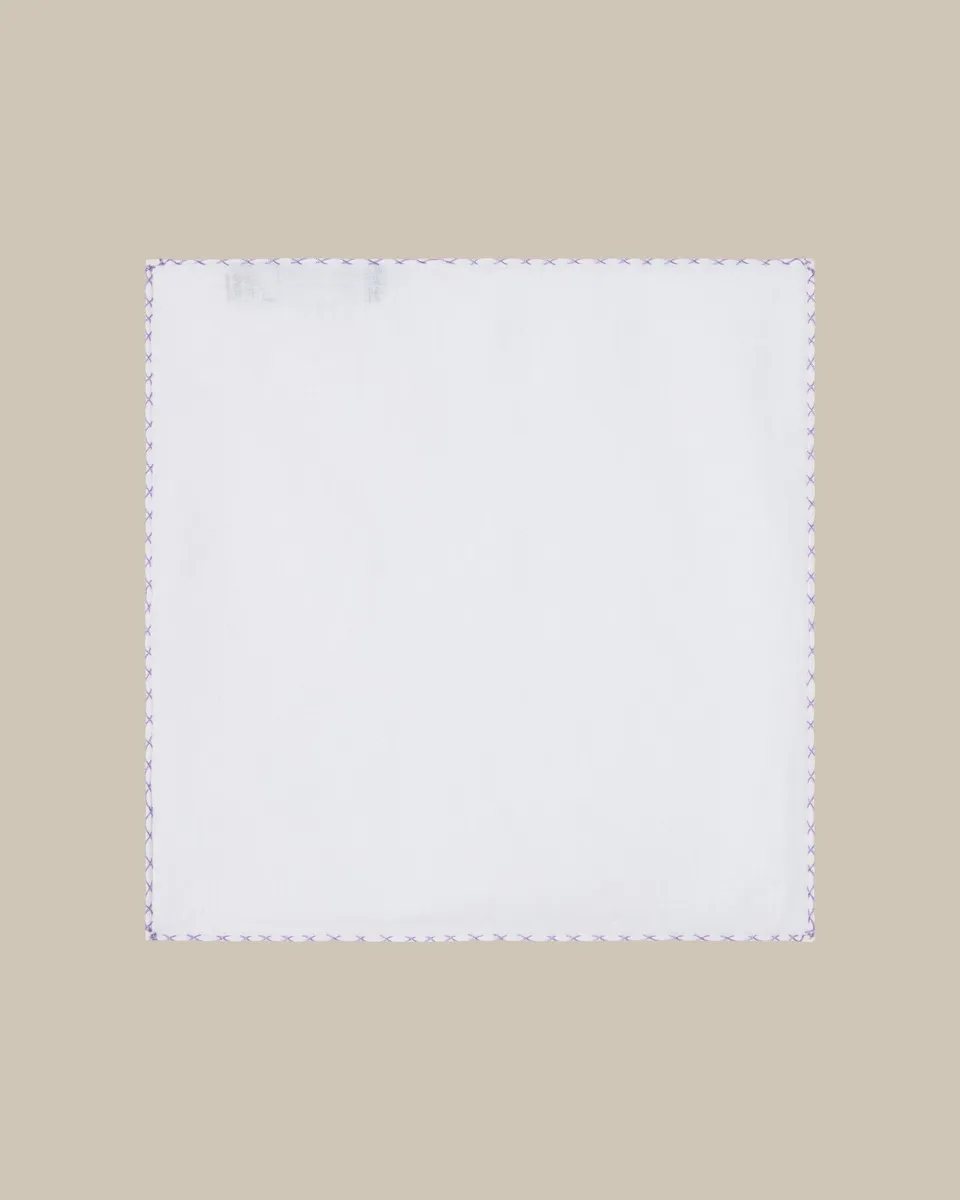 Robert Talbott Carlton Linen Cross Stitch Border pochette lino bianco lavanda