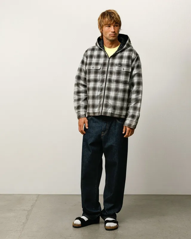 Stussy Zip Hooded Plaid Shirt Camicia Charcoal Cotone