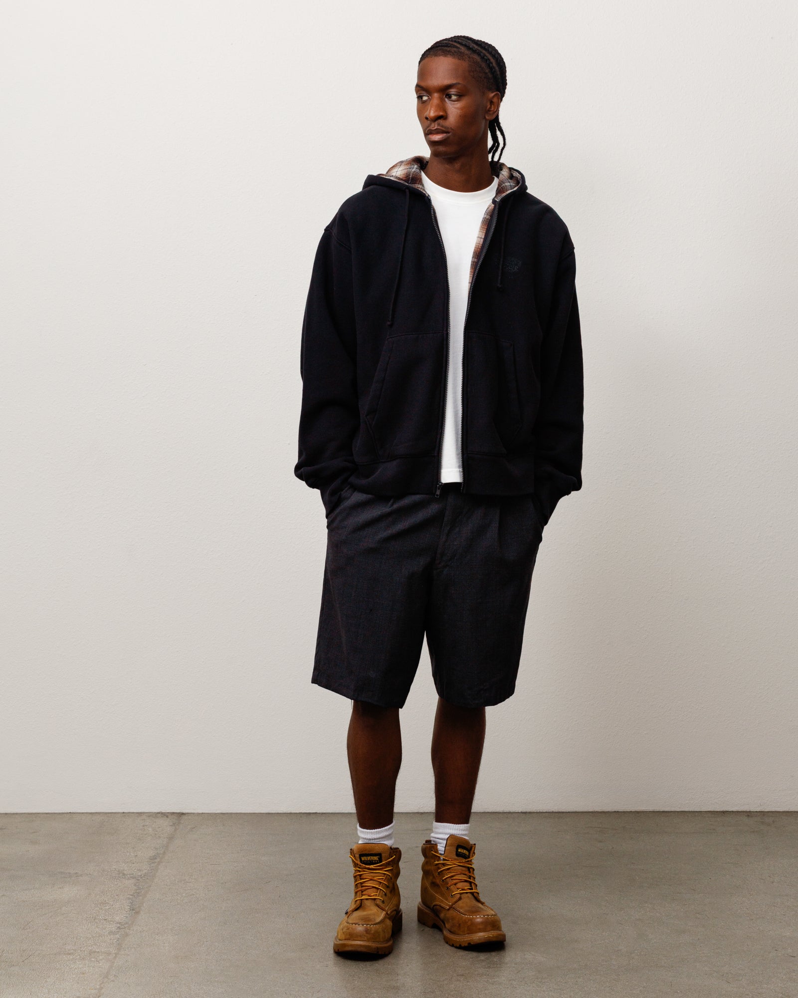 Stussy Zip Sweats felpa zip nera cappuccio fodera a quadri